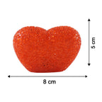 An orange, textured heart-shaped LED lamp is shown with dimensions: 8 cm wide and 5 cm high.