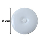 A white, round LED light with a central power button, showing a measurement of 8 cm in diameter