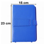 A blue PU leather tablet case is shown with dimensions: 23 cm height and 15 cm width.