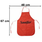 A red Sonifer apron with dimensions 48 cm width and 67 cm length against a white background.