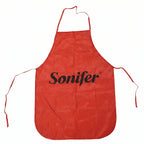 A red Sonifer apron with neck and waist ties displayed flat against a white background.