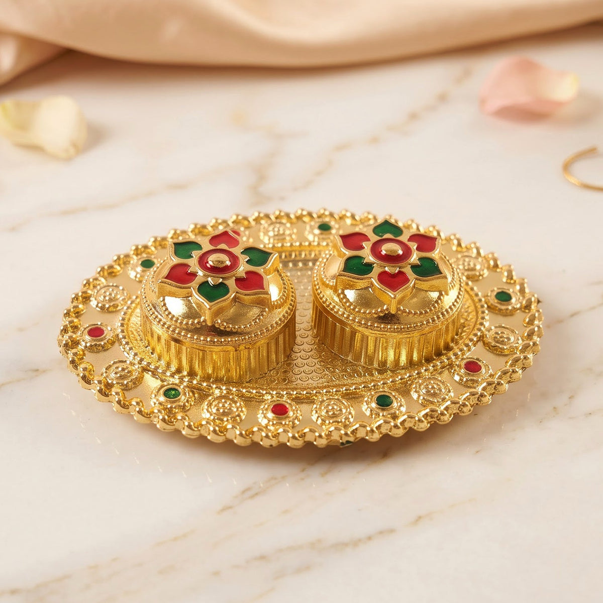 Oval Golden Kankavati Kumkum Holder with Meena Work Border