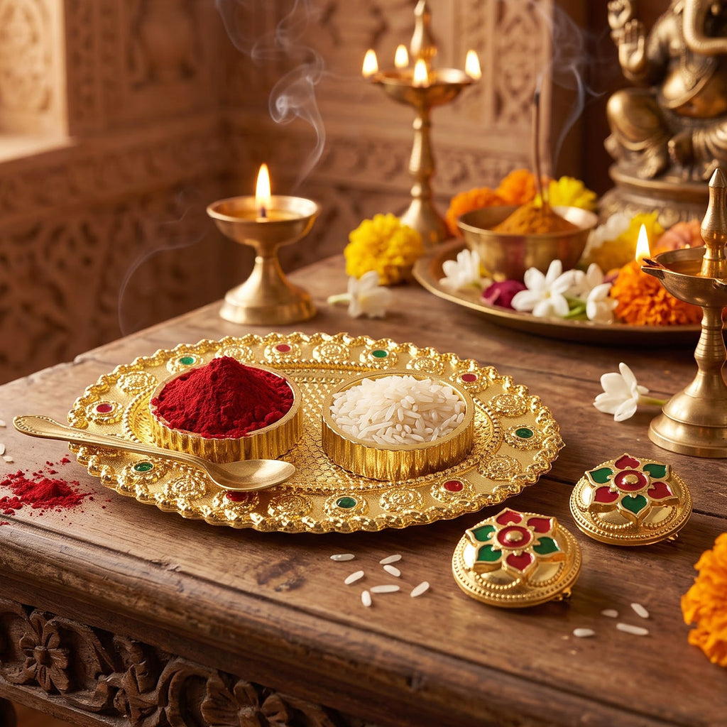 Oval Golden Kankavati Kumkum Holder with Meena Work Border