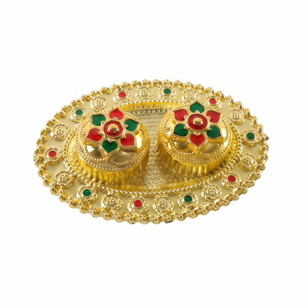Oval Golden Kankavati Kumkum Holder with Meena Work Border
