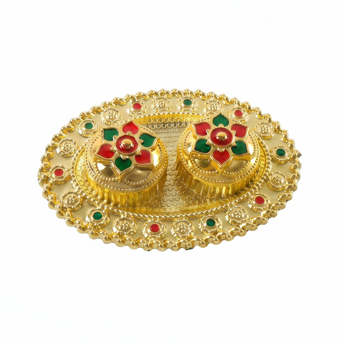 Oval Golden Kankavati Kumkum Holder with Meena Work Border