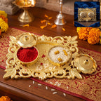 Golden Kankavati Kumkum Holder with Carved Frame and Lids