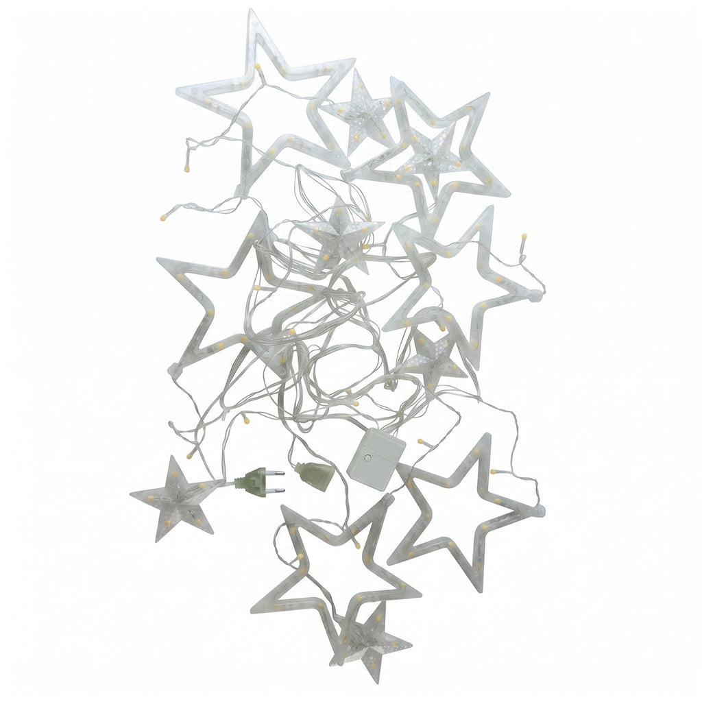 White star LED string lights on white background