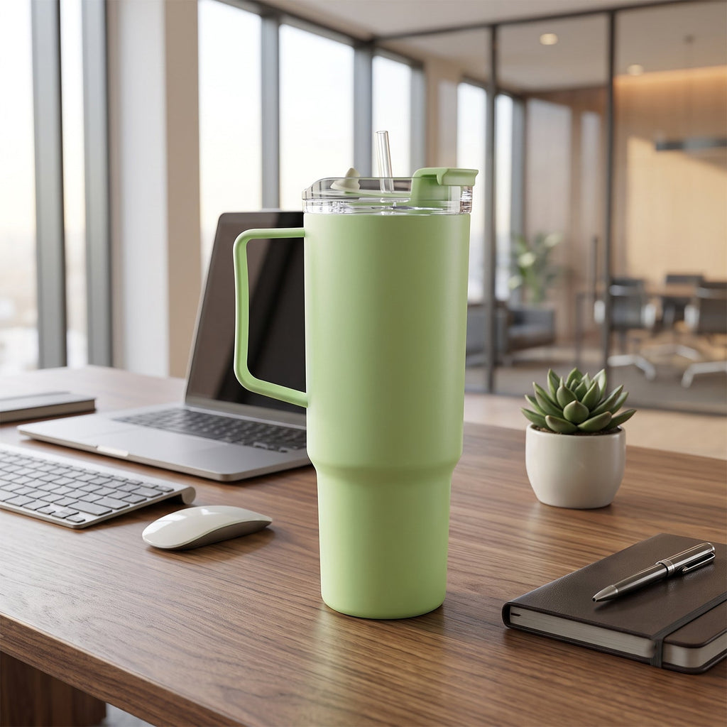 A light green travel tumbler with a handle and straw sits on a wooden desk in an office next to a laptop and notebook.