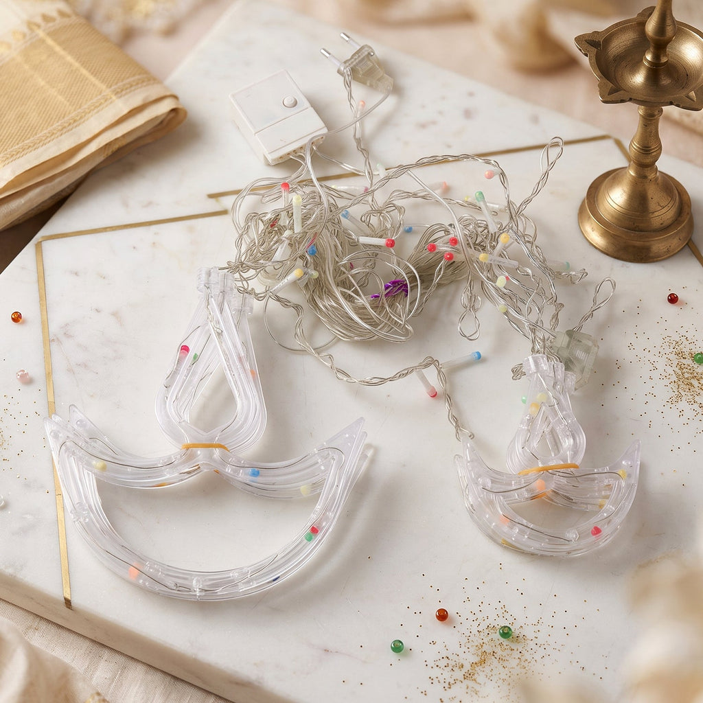 Diya string lights hung as a festive curtain
