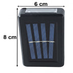 A black solar LED wall light with a blue solar panel shows dimensions of 8 cm in height and 6 cm in width.