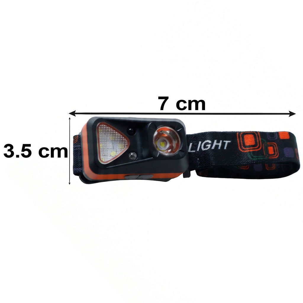 The orange and black headlamp with its strap and dimensions of 7 cm length and 3.5 cm height indicated.