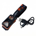 The orange and black headlamp with its patterned strap and a coiled USB-C charging cable on a white background.