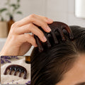 A woman's hand uses a dark brown resin scalp massager on her wet hair, with a smaller inset image of the massager on a towel