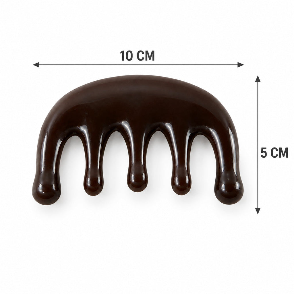 A dark brown resin scalp massager with five rounded prongs is shown with dimensions: 10 cm wide and 5 cm high.