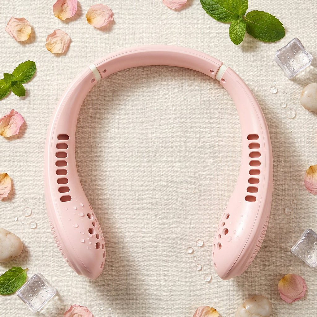 A pink portable neck fan surrounded by rose petals, mint leaves, ice cubes, and water droplets.