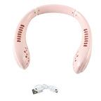 A pink portable neck fan shown with a white USB charging cable on a plain white background.
