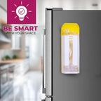 A white and yellow plastic bag dispenser with clear bags inside is mounted on the side of a stainless steel refrigerator.