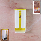 A white and yellow plastic bag dispenser is mounted on a pinkish-brown textured wall