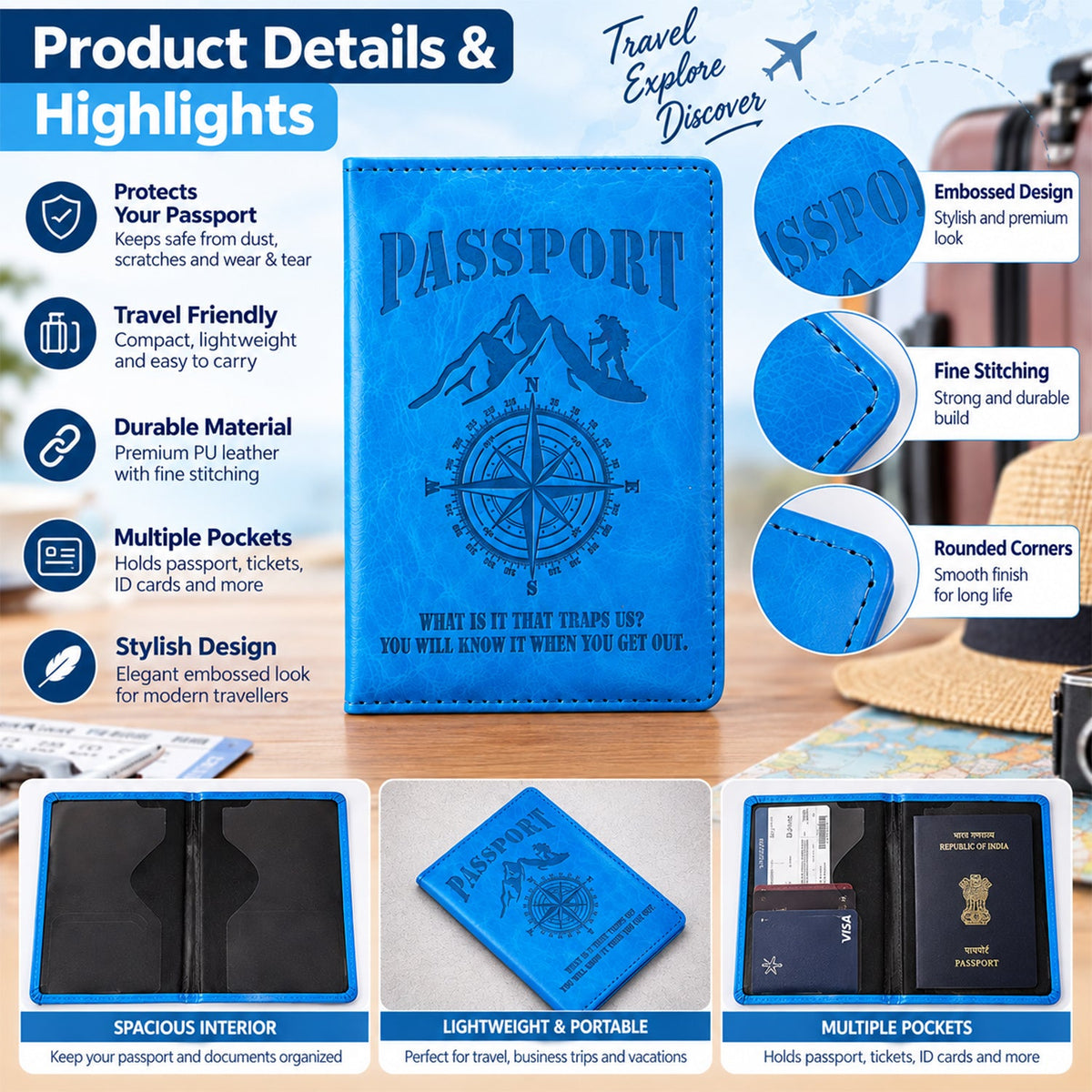 Collage of the blue passport holder highlighting its features like embossed design, stitching, and multiple pockets.