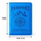 Front view of the blue passport holder with dimensions indicating 14 cm height and 10 cm width.
