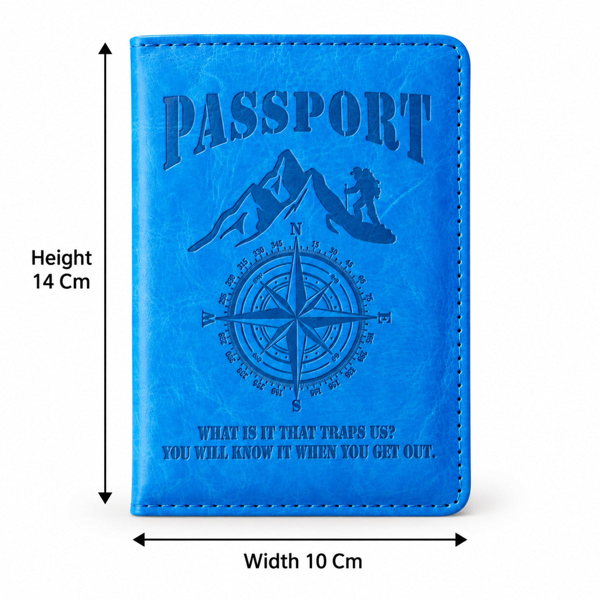 Front view of the blue passport holder with dimensions indicating 14 cm height and 10 cm width.