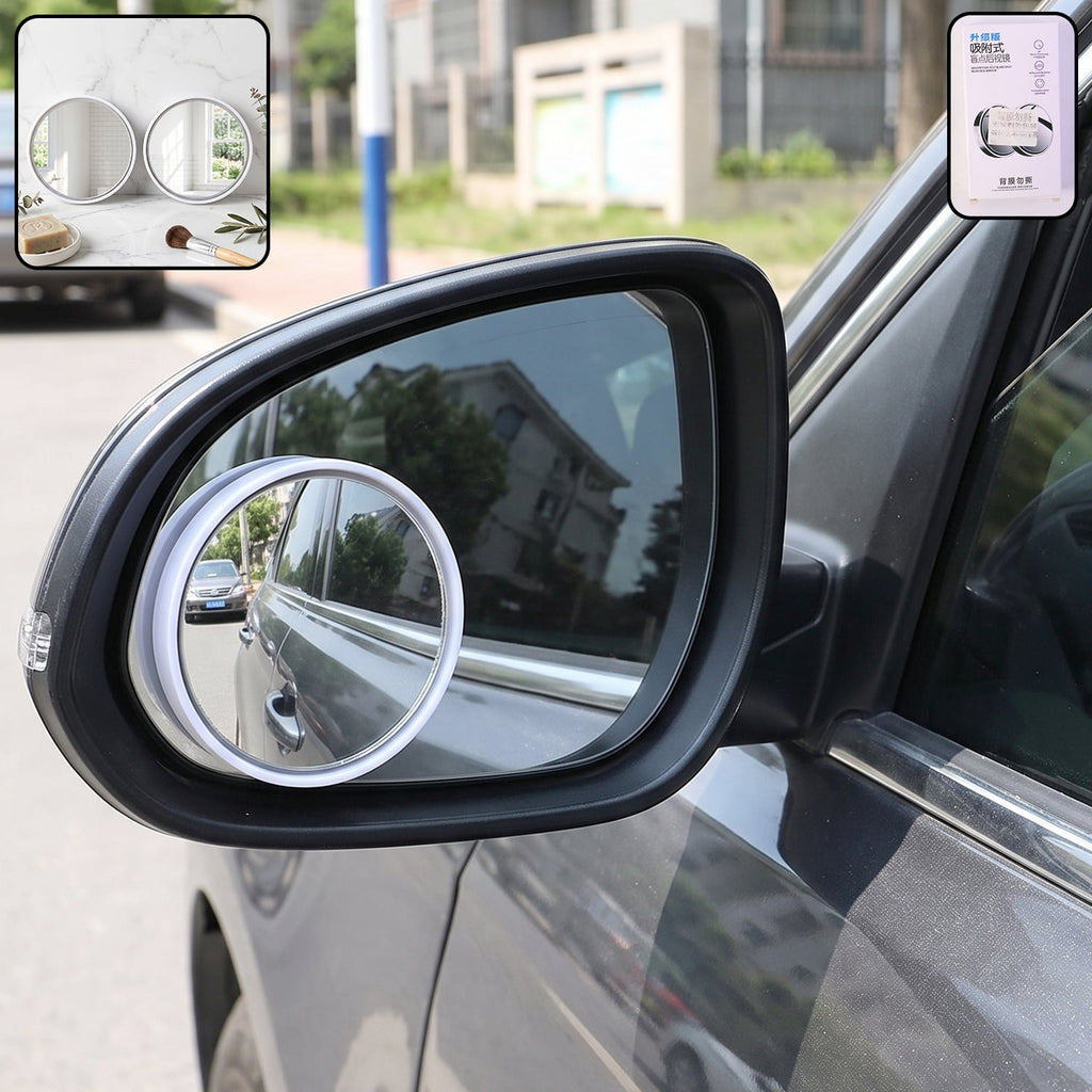 A round blind spot mirror attached to a car's side mirror, with two similar mirrors in an inset.