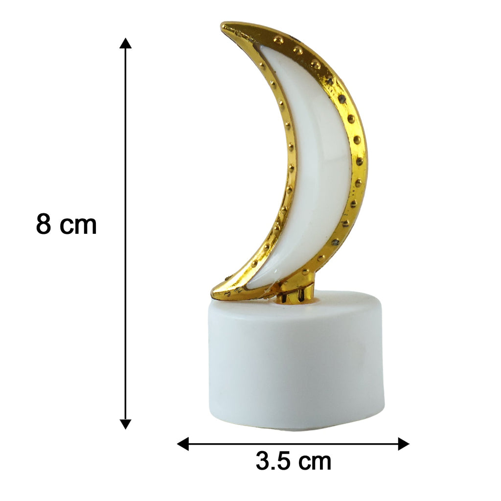 A single golden crescent moon LED tealight with dimensions of 8 cm height and 3.5 cm width.
