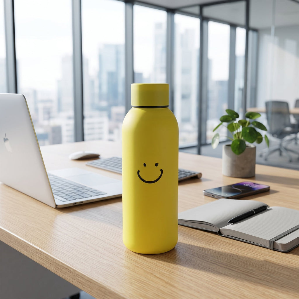 Yellow glass water bottle with a smiley face on a wooden desk with a laptop and city view in the background.