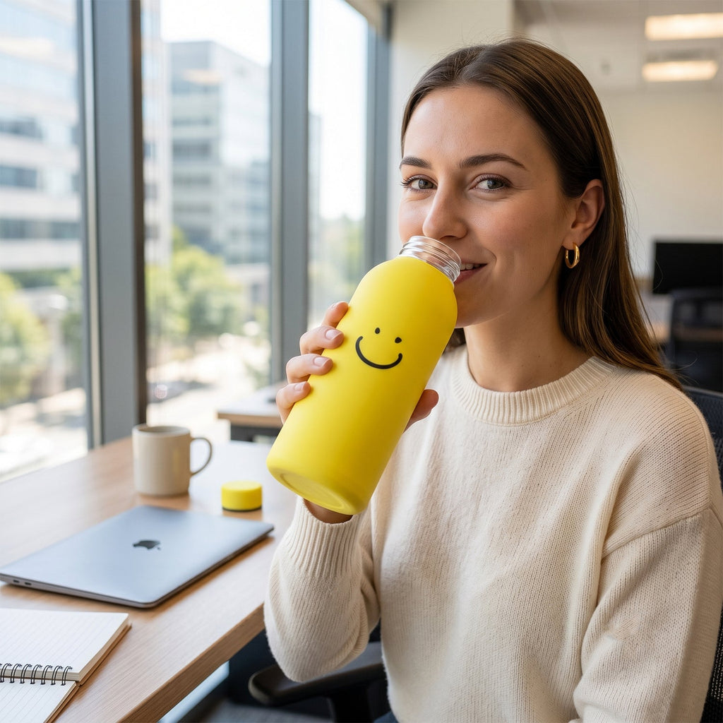 A woman in an office setting sips from a yellow glass water bottle with a smiley face on it,