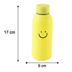 A yellow glass water bottle with a smiley face, showing its dimensions of 17 cm height and 6 cm width.