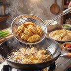 A stainless steel perforated skimmer spoon lifts steaming fried dumplings from a wok of hot oil.