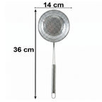 A stainless steel perforated skimmer spoon with dimensions: 36 cm total length and 14 cm basket diameter.