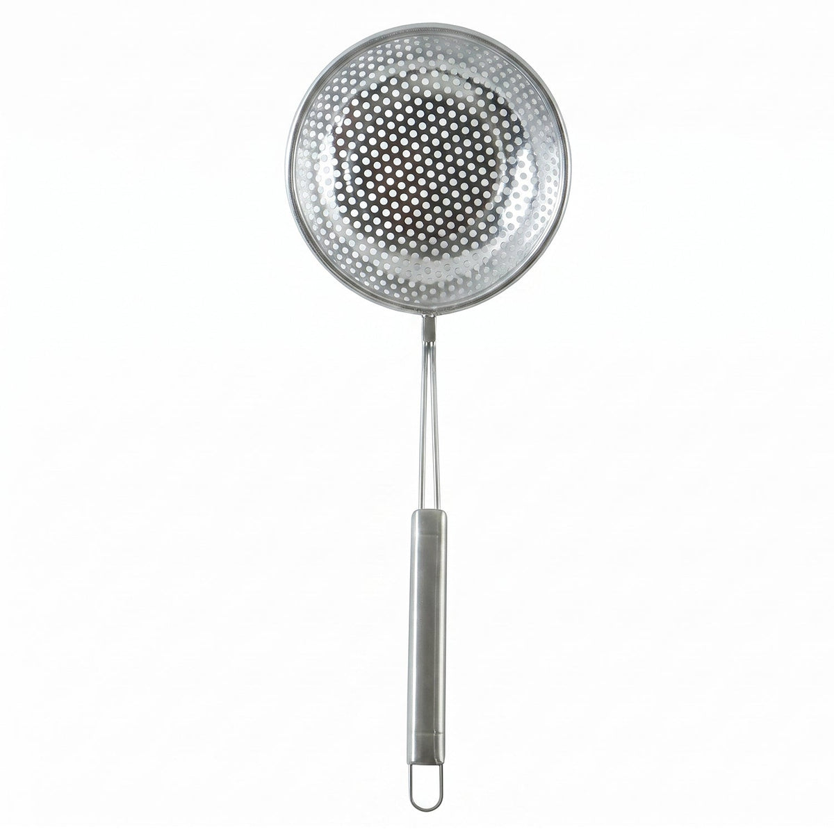A single stainless steel perforated skimmer spoon with a long handle on a plain white background.