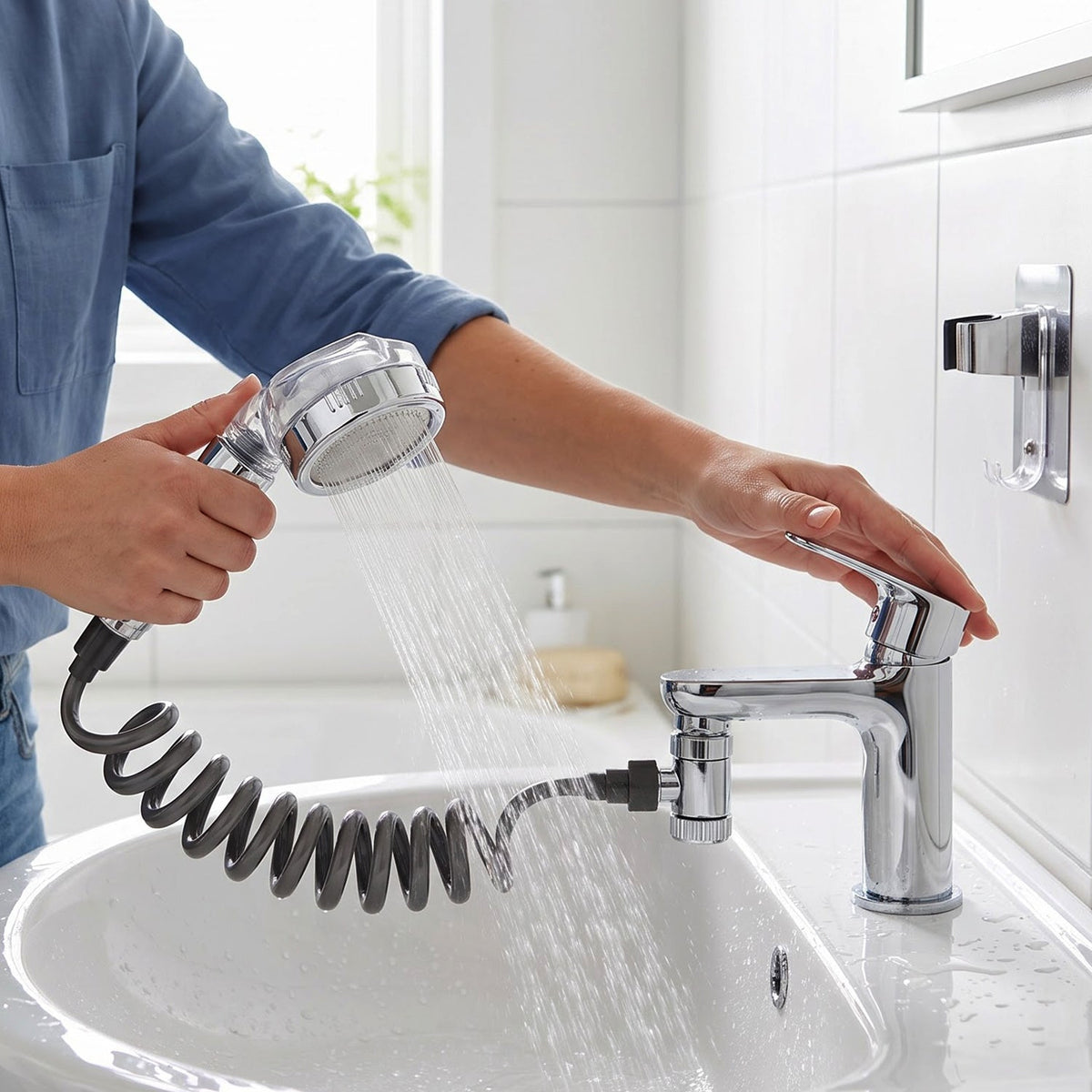 A person's hands operating the chrome shower spray head, attached to a sink faucet, with water flowing into the basin.