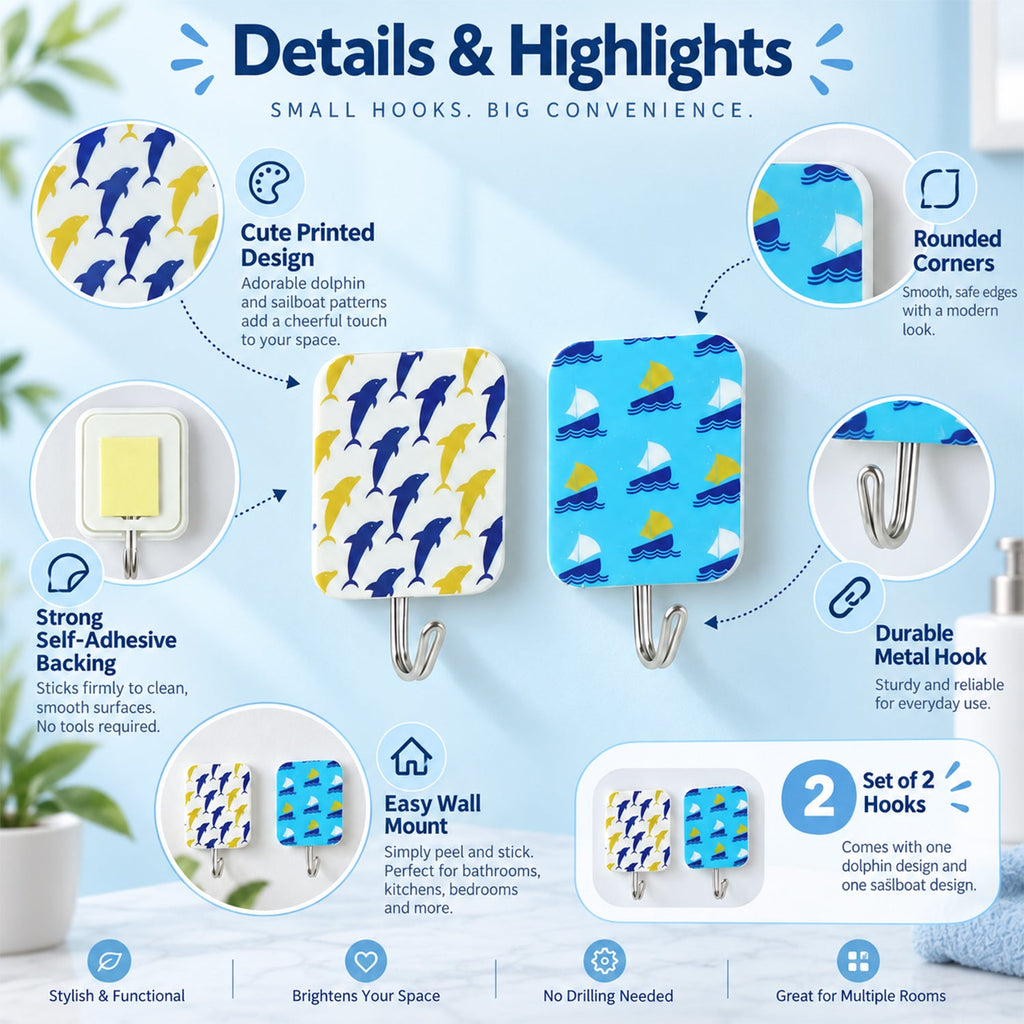 Infographic detailing the features of the two decorative hooks, including design, adhesive, and metal hook.