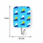 A single blue hook with a sailboat pattern, showing its dimensions of 6 cm in height and 6.7 cm in width.