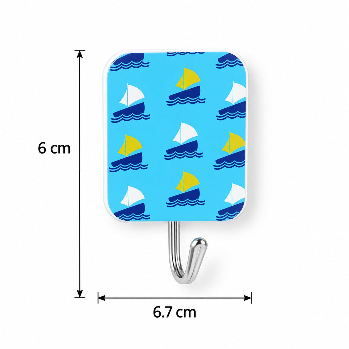 A single blue hook with a sailboat pattern, showing its dimensions of 6 cm in height and 6.7 cm in width.