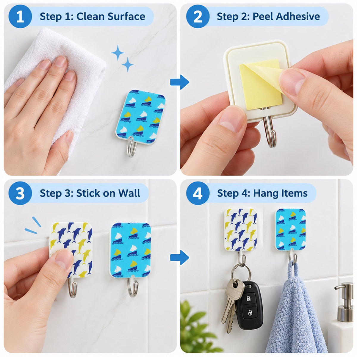 Four-step instruction guide for applying the adhesive hooks and hanging items on a tiled wall.