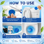 A four-panel graphic illustrates how to use the blue toilet cleaner tablets, from unpacking to waiting 10 minutes.