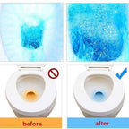 A four-panel comparison shows a dirty toilet bowl becoming clean and blue after using the tablet.
