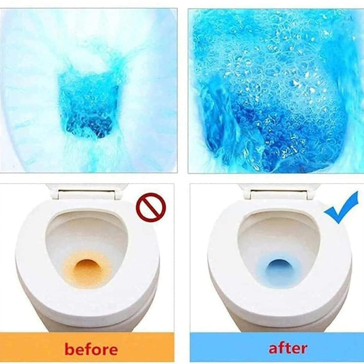A four-panel comparison shows a dirty toilet bowl becoming clean and blue after using the tablet.