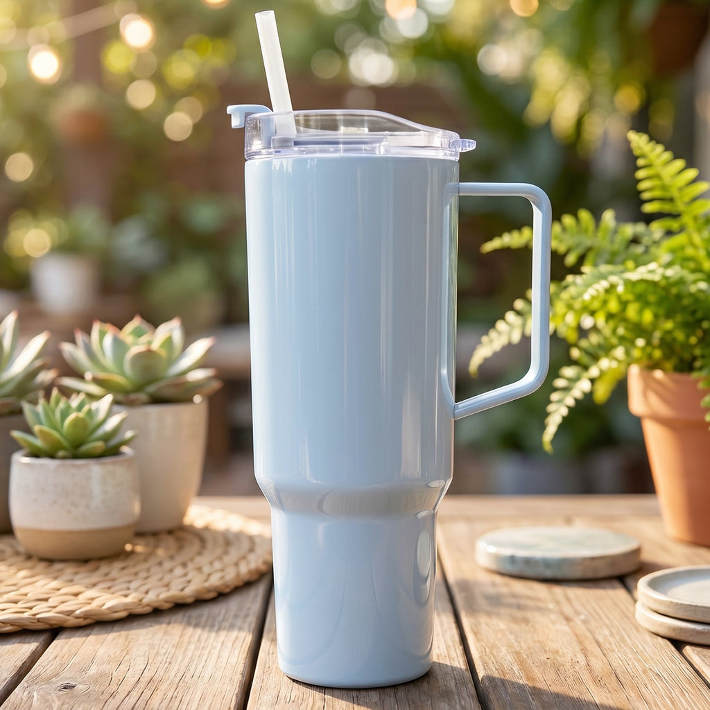 A light blue handled travel tumbler with a straw sits on a wooden table outdoors among potted plants.