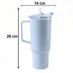 A light blue handled travel tumbler with dimensions of 26 cm height and 14 cm width.