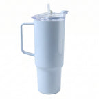 A light blue handled travel tumbler with a clear lid and straw on a white background.