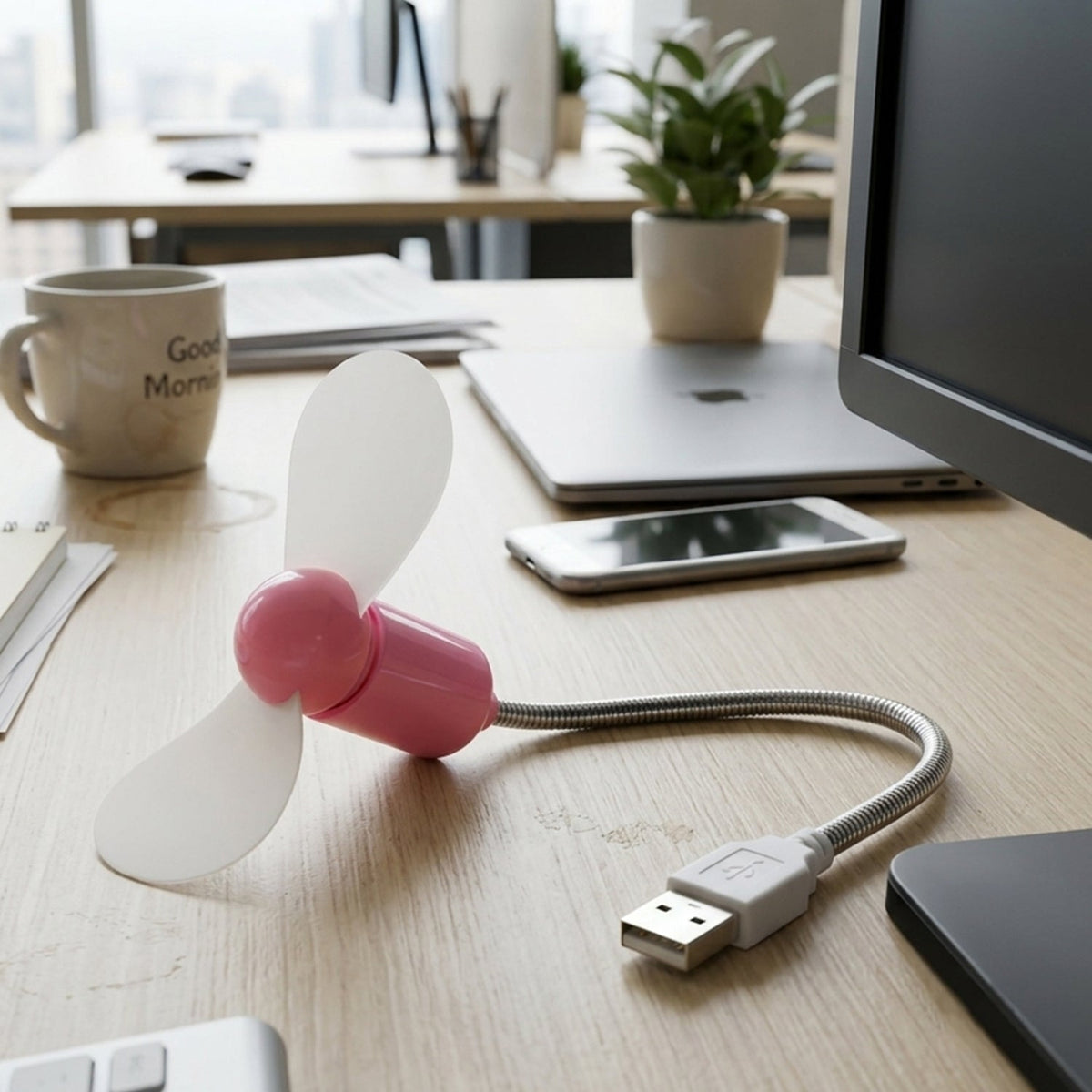 Pink USB mini fan with white blades on a wooden desk, next to a mug, laptop, and smartphone in an office setting.