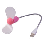 Pink USB mini fan with white blades and a flexible silver gooseneck, ending in a white USB connector.