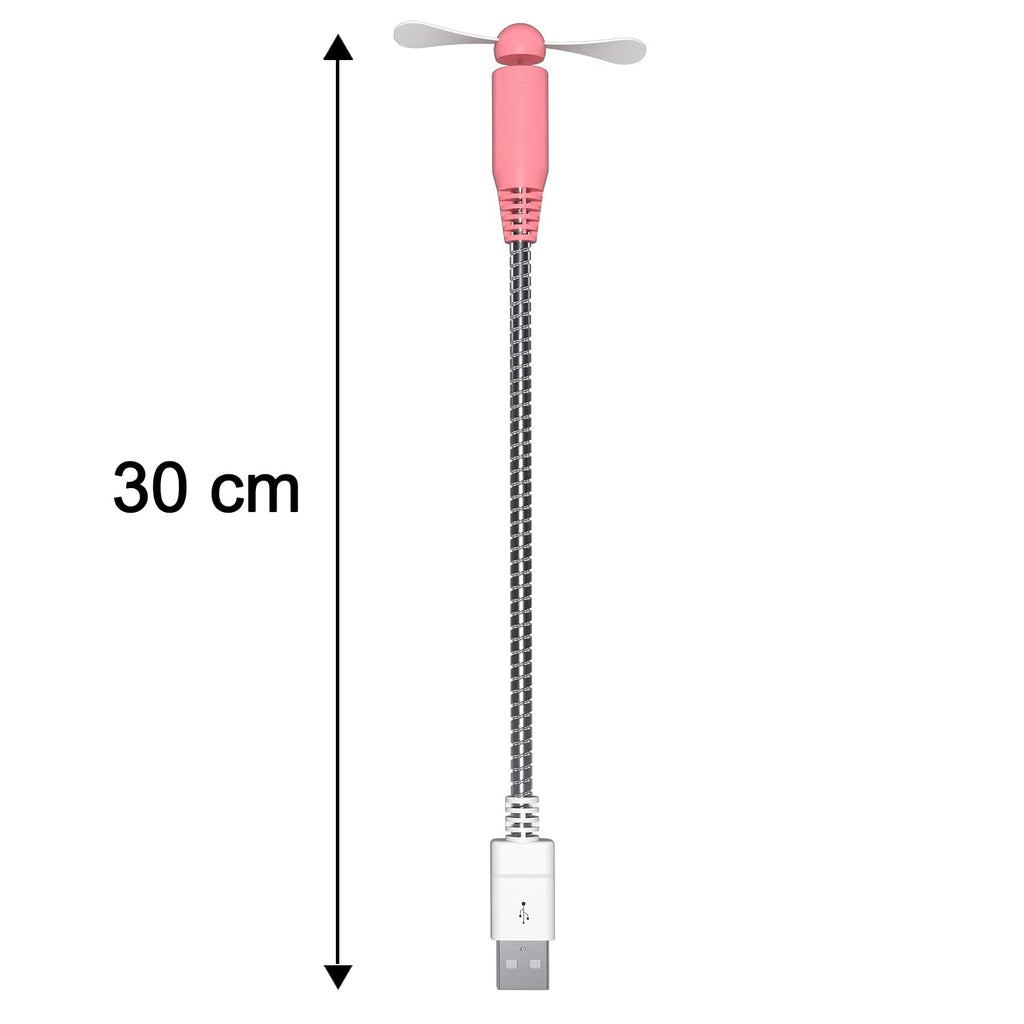 Pink USB mini fan with white blades and a flexible silver gooseneck, with a 30 cm measurement indicated.