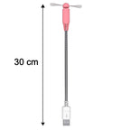 Pink USB mini fan with white blades and a flexible silver gooseneck, with a 30 cm measurement indicated.