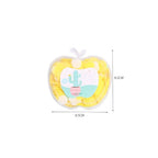 A clear apple-shaped container of yellow paper soap with a cactus sticker, showing dimensions of 8.5cm by 8.5cm.