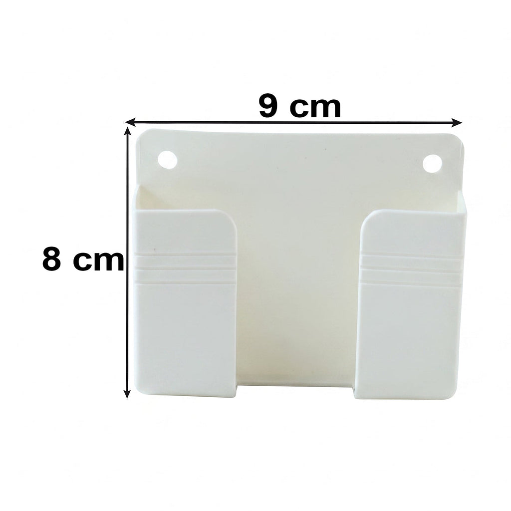 A white wall-mounted phone holder with two compartments, showing dimensions of 9 cm width and 8 cm height.